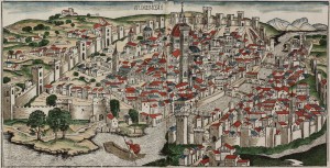 Colored_woodcut_town_view_of_Florence_ by Hartmann Schedel, published in 1493